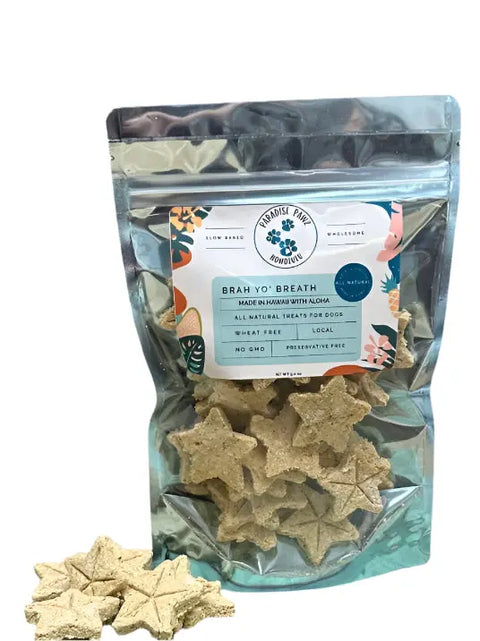 A clear resealable pouch of star-shaped dog treats labeled “Brah Yo Breath” by Dogtown Bakery highlights natural ingredients for oral hygiene—wheat-free, GMO-free, and preservative-free.
