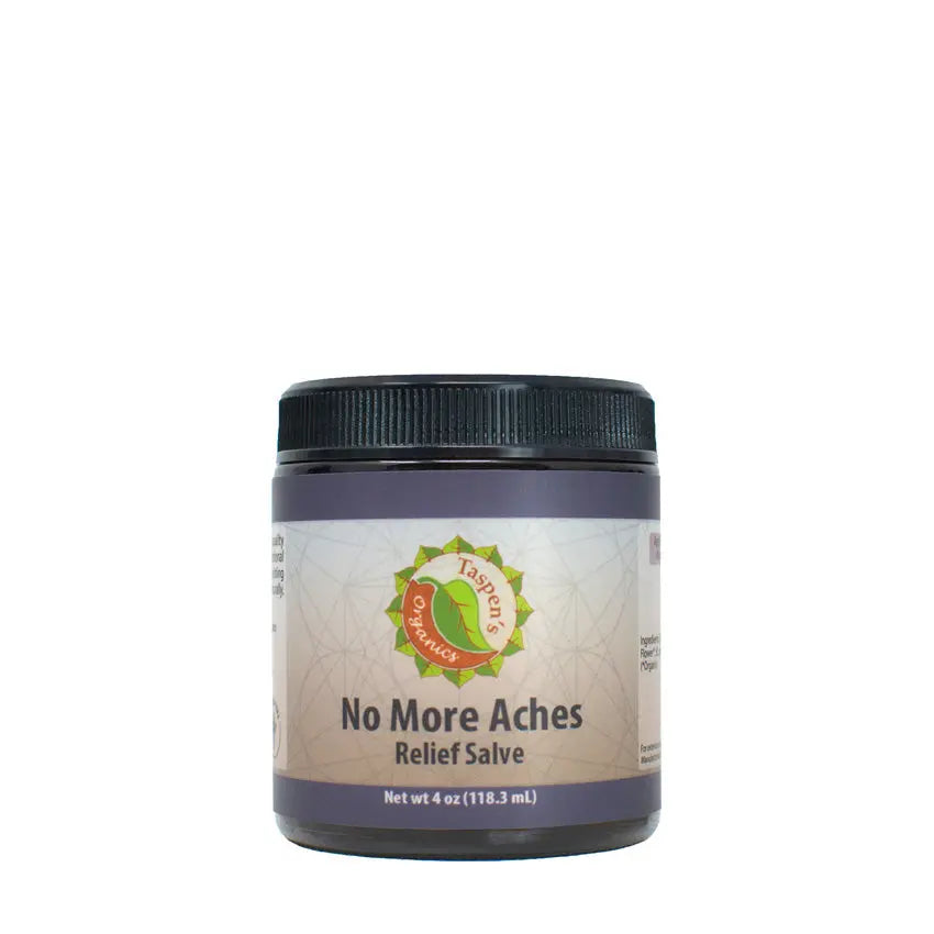 A 4 oz (118.3 ml) jar of Taspens Organics No More Aches Relief Salve, featuring a black lid and white label, provides natural topical relief to soothe muscle soreness.