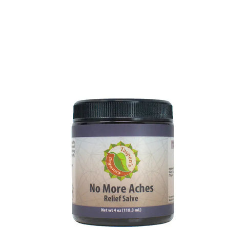 A 4 oz (118.3 ml) jar of Taspens Organics No More Aches Relief Salve, featuring a black lid and white label, provides natural topical relief to soothe muscle soreness.