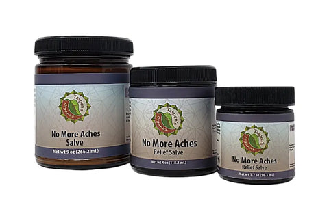 Taspens Organics No More Aches Relief Salve jars in 9 oz, 4 oz, and 2 oz sizes with black lids are shown on a white background—ideal for natural health care and muscle soreness relief.