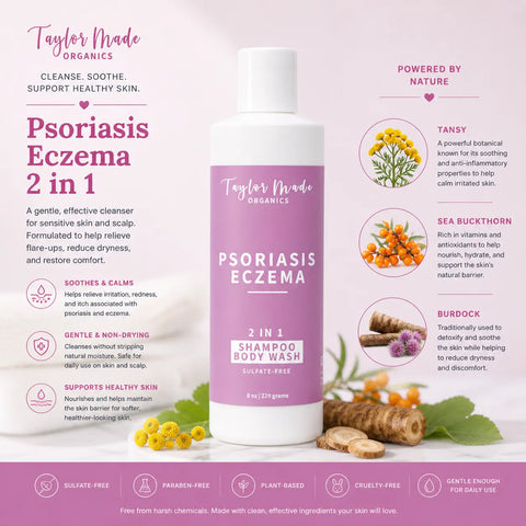 Organic Psoriasis Eczema 2-in-1 Body Wash and Shampoo 8oz – Gentle Moisturizing Cleanser | Made in USA Taylor Made Organics  body wash