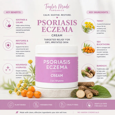 Organic Psoriasis and Eczema Relief Cream – 2 oz Soothing Skin Balm with Blue Tansy | Made in USA Taylor Made Organics  therapeutic cream