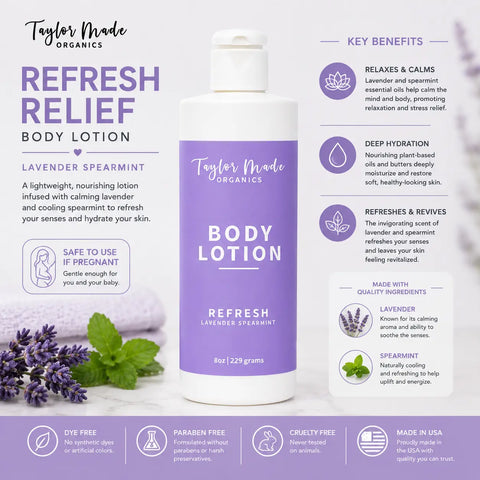 Organic Refresh Body Lotion 8oz – Lavender Spearmint Scent | Non-Greasy Moisturizer Made in USA Taylor Made Organics  Lotion & Moisturizer