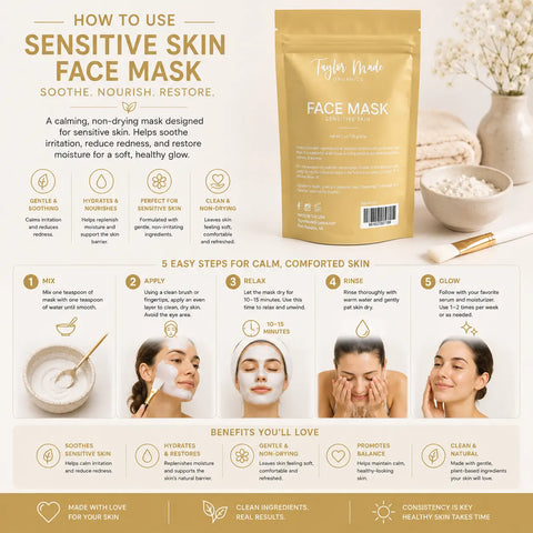 Organic Sensitive Skin Face Mask Powder 1 Oz – Gentle Detox & Hydration – Taylor Made Organics | Made in USA Taylor Made Organics  Skin Care Masks & Peels