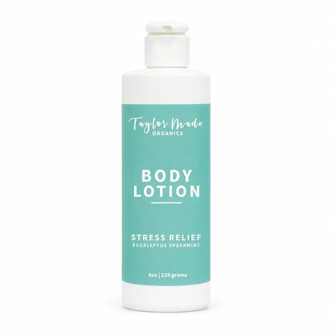 Organic Stress Relief Body Lotion 8oz – Lightweight Hydrating Formula with Eucalyptus and Spearmint Essential Oils | Made in USA Taylor Made Organics  therapeutic lotion