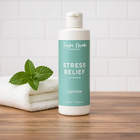 Organic Stress Relief Body Lotion 8oz – Lightweight Hydrating Formula with Eucalyptus and Spearmint Essential Oils | Made in USA Taylor Made Organics  therapeutic lotion