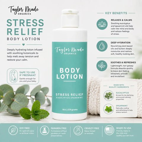 Organic Stress Relief Body Lotion 8oz – Lightweight Hydrating Formula with Eucalyptus and Spearmint Essential Oils | Made in USA Taylor Made Organics  therapeutic lotion