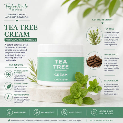Organic Tea Tree Antifungal Skin Cream 2oz – Soothing Candida Relief and Hydration | Made in USA Taylor Made Organics  therapeutic cream