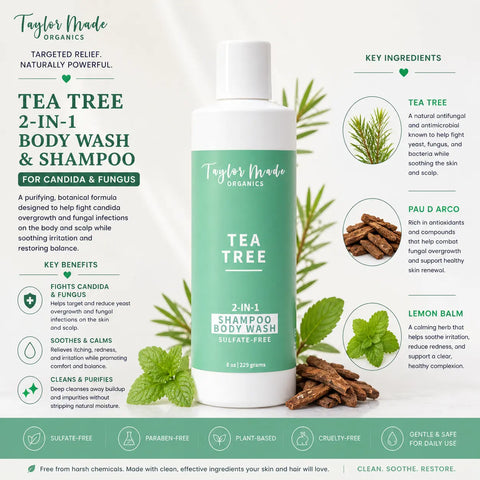 Organic Tea Tree Body Wash and Shampoo 8 oz – Sulfate-Free Cleanser with Lemon and Rosemary Oils | Made in USA Taylor Made Organics  Bath & Body
