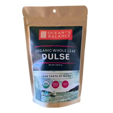 Ocean’s Balance Organic Whole Leaf Dulse comes in a brown resealable bag with a coastal design and USDA Organic badge. This mineral-rich superfood seaweed from Maine highlights the health benefits of organic dulse.