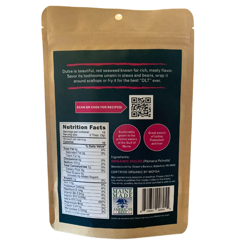 A brown, resealable package of Ocean’s Balance Organic Whole Leaf Dulse. The back features nutrition facts, a QR code, product description, superfood certifications, and a red circle highlighting health benefits.
