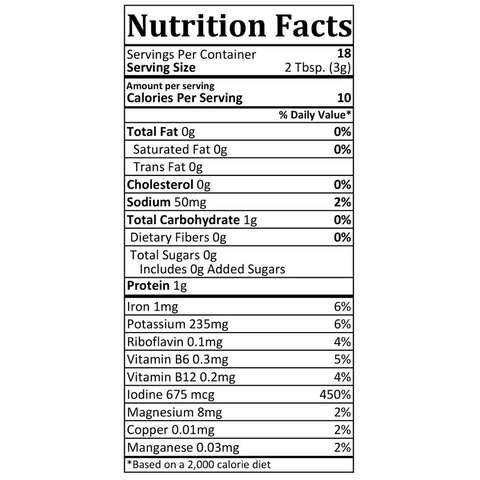 Oceans Balance Organic Whole Leaf Dulse: Nutrition Facts—18 servings per container, 10 calories, 0g fat, 50mg sodium, 1g carbs, 1g protein per serving; rich in vitamins and minerals with listed daily values.