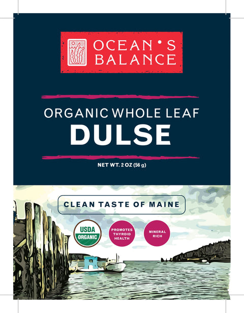 Ocean’s Balance Organic Whole Leaf Dulse, 2 oz, features the USDA Organic seal, seaweed superfood benefits, “Clean Taste of Maine” slogan, and an illustrated coastal scene with docks and boats on the product label.