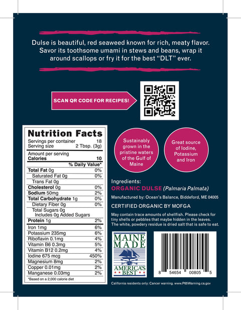 A product label for Oceans Balance Organic Whole Leaf Dulse, a nutrient-rich superfood, with nutrition facts, ingredients, usage tips, certification logos, blue and pink accents, and a QR code linking to recipes.