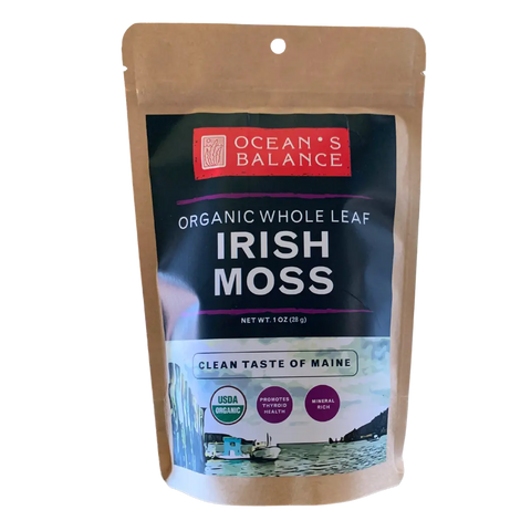 Ocean’s Balance Organic Whole Leaf Irish Moss comes in a brown resealable pouch with coastal designs and a USDA Organic label, showcasing mineral-rich seaweed from Maine with healthy vegetarian gelatin benefits.