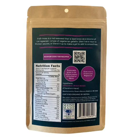 The back of an Oceans Balance Organic Whole Leaf Irish Moss package shows nutrition facts, ingredients, vegetarian gelatin info, certifications, a QR code for recipes, and product details on a dark label.