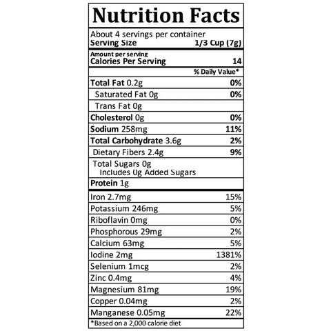 Oceans Balance Organic Whole Leaf Irish Moss: Nutrition Facts (1/3 cup)—14 calories, 0g fat, 258mg sodium, 2.6g carbs (1g sugar), 1g protein, plus various vitamins and minerals. Made with organic Irish Moss as a vegetarian gelatin alternative.