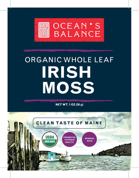 The label of Oceans Balance Organic Whole Leaf Irish Moss, 1 oz., displays certification badges, highlights organic seaweed health benefits, and features coastal Maine imagery with a dock, boats, and water. Text reads: Clean Taste of Maine.