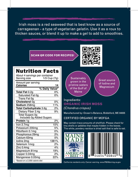 Back of an Oceans Balance Organic Whole Leaf Irish Moss package showing nutrition facts, ingredients, and a recipes QR code. Highlights: organic seaweed, vegetarian gelatin uses, benefits, certifications on dark blue with purple accents.