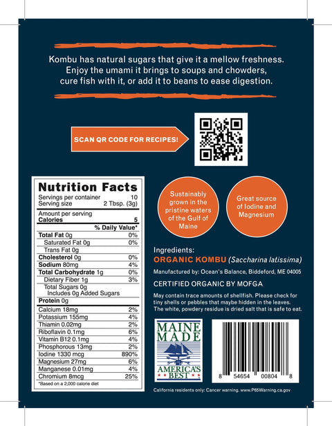 Organic Whole Leaf Kombu Seaweed – 1 Oz Pack | USDA Certified | Made in USA Ocean's Balance  Organic Seaweed