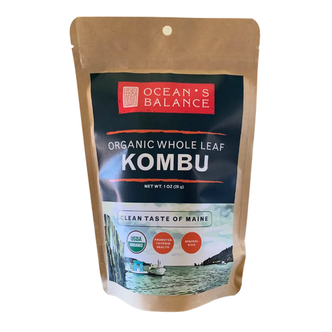 Ocean’s Balance Organic Whole Leaf Kombu comes in a brown resealable pouch with USDA organic and Clean Taste of Maine labels, plus a coastal design—ideal for making dashi or adding nutrition to recipes.