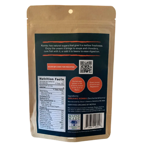 The back of a brown bag of Oceans Balance Organic Whole Leaf Kombu displays nutrition facts, cooking tips, and a recipe QR code. Icons show its sustainably wild-harvested, mineral-rich, and ideal for dashi.