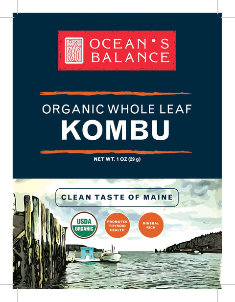 Oceans Balance Organic Whole Leaf Kombu packaging features bold lettering, a dock and shoreline graphic, USDA Organic and mineral-rich badges, plus health benefits. Ideal for dashi. Label states: Clean Taste of Maine.