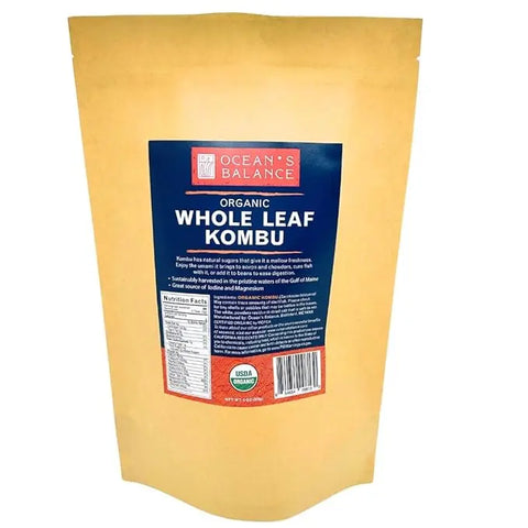 A resealable brown pouch labeled Oceans Balance Organic Whole Leaf Kombu features a blue label, nutrition facts, and USDA Organic seal. It contains dried kombu seaweed, perfect for making dashi or adding organic seaweed to recipes.