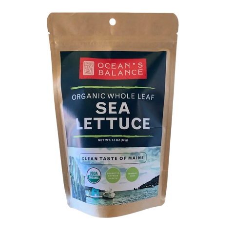 Ocean’s Balance Organic Whole Leaf Sea Lettuce comes in a brown resealable pouch with boat and water art, spotlighting USDA organic seaweed from the Gulf of Maine and promising a clean Maine taste.