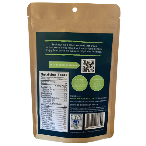 Back of Ocean’s Balance Organic Whole Leaf Sea Lettuce package showing nutrition facts, ingredients, QR code for recipes, sustainability icons, and a description about this nutritious green seaweed ideal for soups and salads.