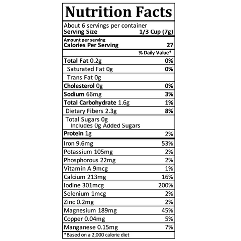 Nutrition facts for Oceans Balance Organic Whole Leaf Sea Lettuce: per 1/3 cup (7g) serving—27 calories, 0.2g fat, 69mg sodium, 1.6g carbs, 1g protein; includes vitamins and minerals with % daily values per serving.