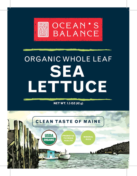 Ocean’s Balance Organic Whole Leaf Sea Lettuce comes in a package with coastal Gulf of Maine artwork, docks and water, and badges for USDA Organic, Promotes Thyroid Health, and Mineral Rich organic seaweed.