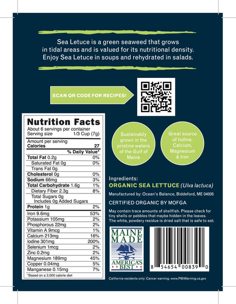 Back of Ocean’s Balance Organic Whole Leaf Sea Lettuce package displays nutrition facts, ingredients, barcode, certifications, and QR code. Text highlights health benefits and suggests adding Sea Lettuce to soups and salads.