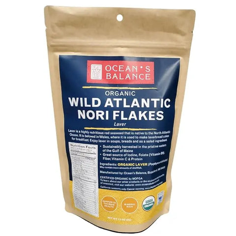 A stand-up pouch of Oceans Balance Organic Wild Atlantic Nori Flakes, in blue and beige packaging, showcases sustainably harvested, certified organic seaweed from the Gulf of Maine that is nutrient-rich.