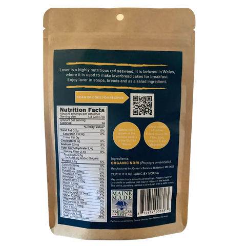 A brown resealable package of Oceans Balance Organic Wild Atlantic Nori Whole Leaf displays nutrition facts, a QR code, and details on its Welsh-inspired roots and sustainable Gulf of Maine harvesting. Sustainability icons are also featured.