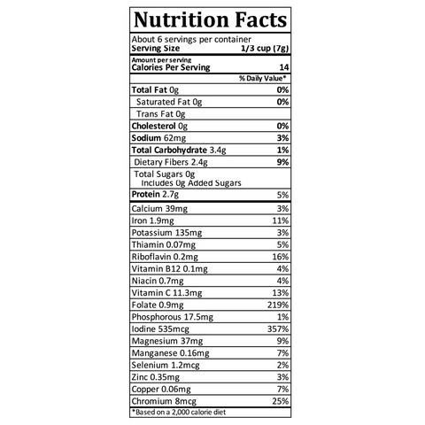 Oceans Balance Organic Wild Atlantic Nori Whole Leaf offers 14 calories, 2.7g protein, 219% DV niacin, 357% DV iodine, and 25% DV chromium per serving according to its nutrition facts label.