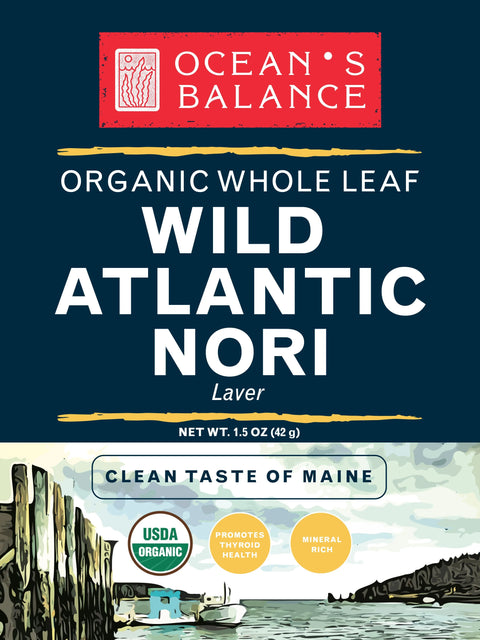 Package for Ocean’s Balance Organic Wild Atlantic Nori Whole Leaf, a mineral-rich organic seaweed from Maine. Highlights organic status and thyroid support, with an illustrated dock and coastline scene at the bottom.