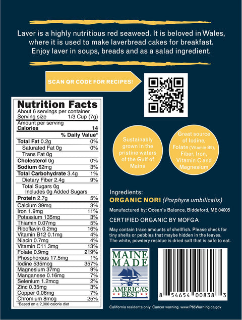 Back of Ocean’s Balance Organic Wild Atlantic Nori Whole Leaf package displays nutrition facts, a QR code for recipes, ingredients, laver’s nutritional benefits and uses, plus brand logos and contact information.