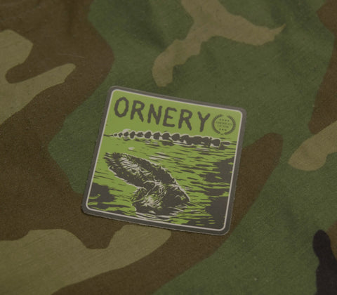 Show off your style with the American Lictor Sticker: Alligator - Ornery, a square sticker featuring an alligator in water beneath ORNERY, detailed to highlight its rugged strength, set against a green and brown camouflage background.