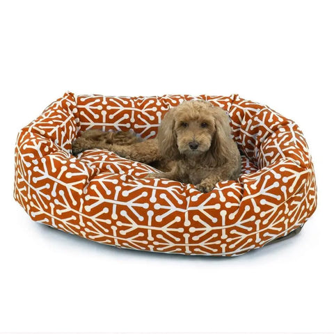 A small, curly-haired brown dog rests in the Majestic Pet Aruba Bagel Dog Bed, an orange and white water-resistant bed with a bone pattern, set against a plain white background.