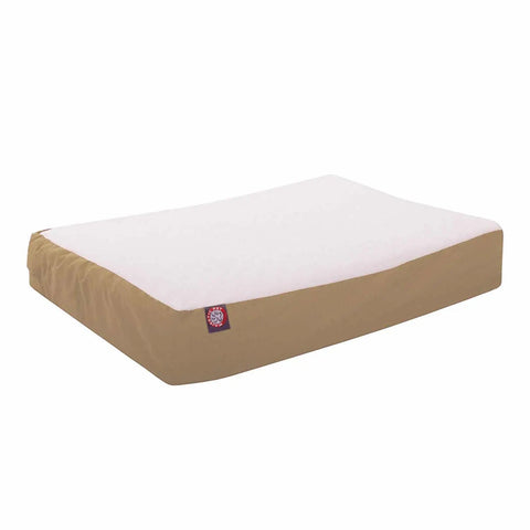 Majestic Pets Poly-Cotton Orthopedic Double Dog Bed, featuring a tan base and white top, is shown on a plain white background. It includes a washable cover and a small red-and-white side tag.