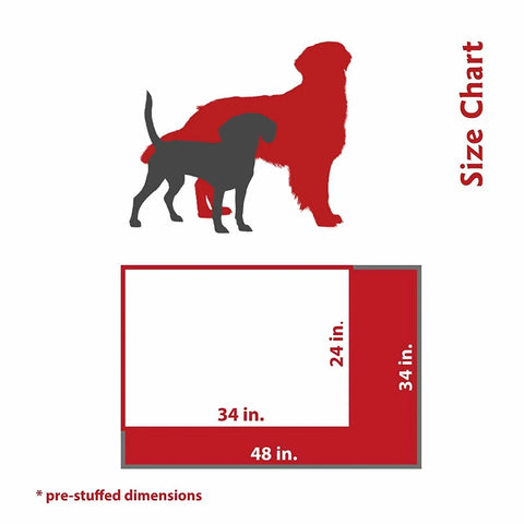 Majestic Pet’s Poly-Cotton Orthopedic Double Dog Bed size chart shows two dog silhouettes for scale and lists pre-stuffed dimensions: 48 L x 34 W x 24 H. Includes a washable cover for easy cleaning.
