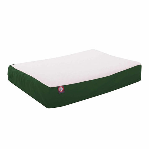 The Majestic Pet Poly-Cotton Orthopedic Double Dog Bed features a white top, dark green sides, a small red and white logo in one corner, and a washable cover for easy cleaning.