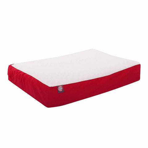 The Majestic Pet Poly-Cotton Orthopedic Double Dog Bed has a white top, red sides, and a washable cover for easy cleaning. Rectangular design shown against a plain white background.
