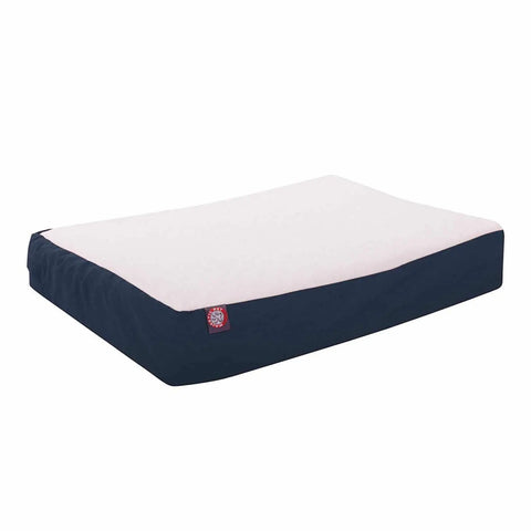 The Majestic Pet Poly-Cotton Orthopedic Double Dog Bed features a rectangular design with a white top, dark blue sides, a red tag with a white paw print, and includes a washable cover for easy cleaning.