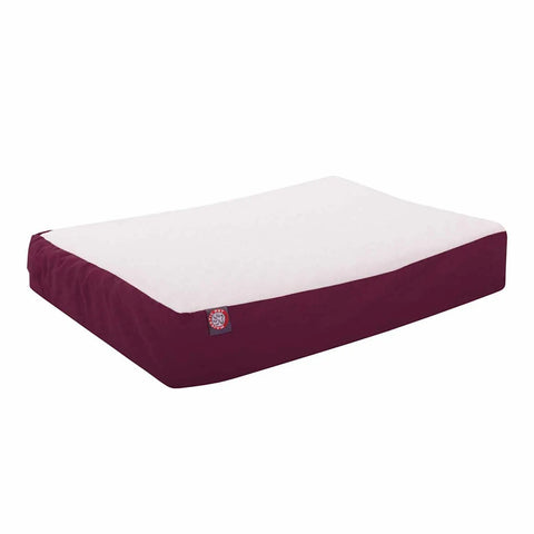 The Majestic Pet Poly-Cotton Orthopedic Double Dog Bed features a rectangular shape, white top, maroon sides, small logo tag, modern design, and a washable cover for easy care.