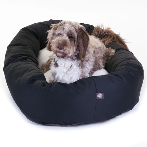 A brown and white fluffy dog is lying in a round, black Majestic Pet Poly/Cotton Sherpa Bagel Dog Bed with a white cushion, set against a white background. This cozy bed is machine washable for easy cleaning.