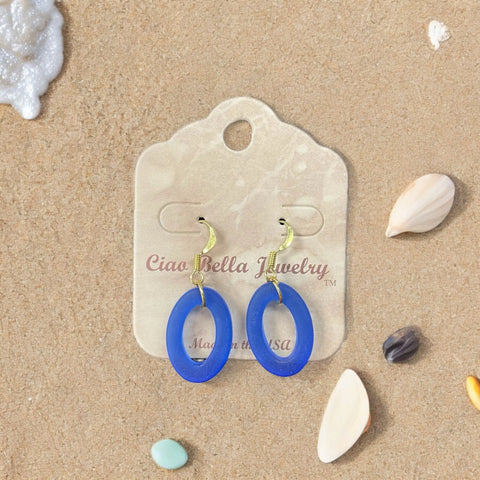 Oval Blue Sea Glass Dangle Earrings – Lightweight Coastal Jewelry | Made in USA Michelle Marie Boutique  Earrings