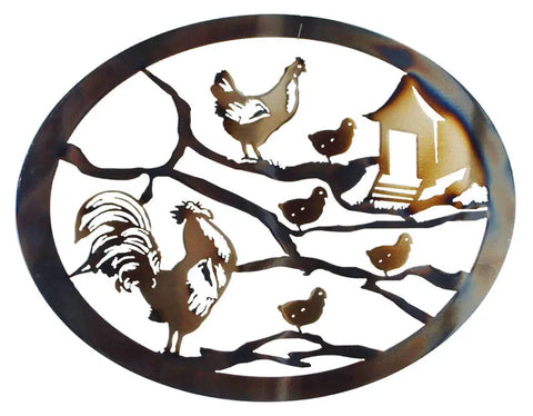 Oval Metal Rooster Wall Art – Farmhouse Chicken and Chick Scene | Handmade Rustic Decor Made in USA Knights Home Decor  item