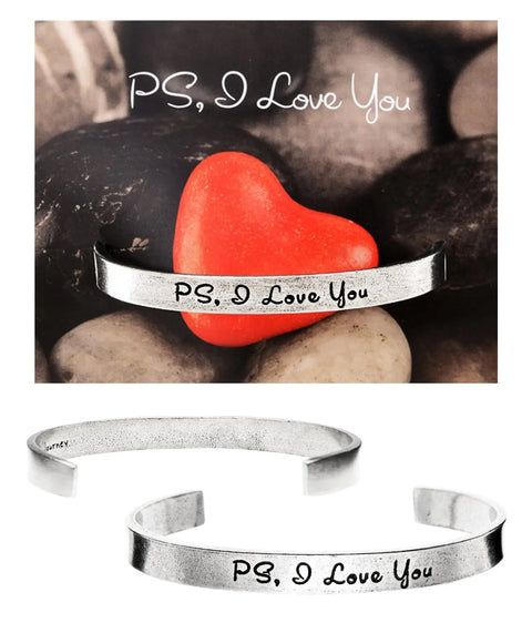 PS I Love You Inspirational Quotable Open Cuff Bracelet – Handcrafted Recycled Pewter Jewelry | Made in USA Whitney Howard Designs  Cuff Bracelets